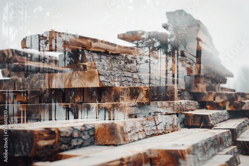 Wood industry concept, double exposure. Representation of the wood industry.