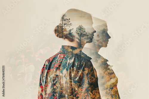Double exposure portrait. Creative double exposure portrait of attractive girl with branches of tree. 