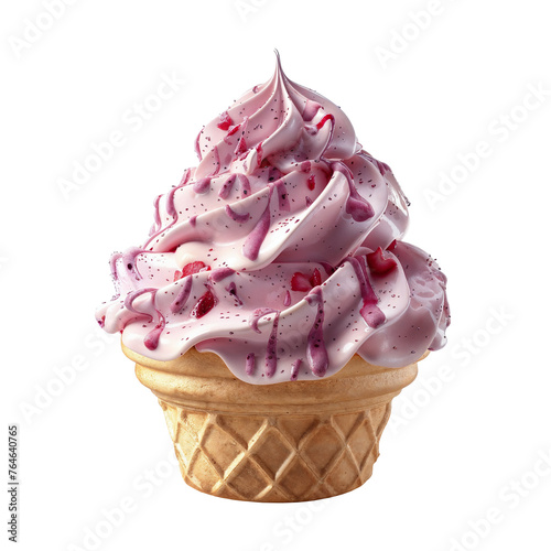 Strawberry cream swirl ice cream cone on transparent background. Generative AI