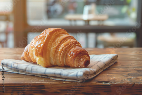 Croissant on wooden table with French bakery vibes.