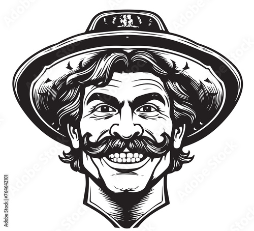 Head of smiling Mexican man in sombrero sketch vector illustration isolated on white background.