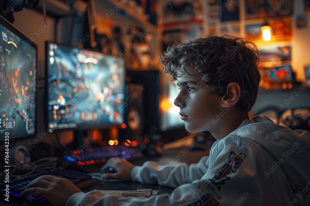 Teenager engrossed in PC gaming, immersed in virtual worlds, navigating adventures and challenges effortlessly