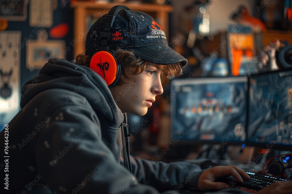 Teenager engrossed in PC gaming, immersed in virtual worlds, navigating adventures and challenges effortlessly