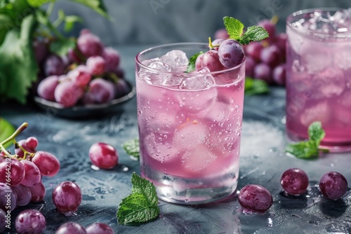 Glass of pink drink with bunch of grapes on top. Drink is served in glass with ice cubes