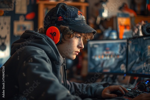 Teenager engrossed in PC gaming, immersed in virtual worlds, navigating adventures and challenges effortlessly © yevgeniya131988