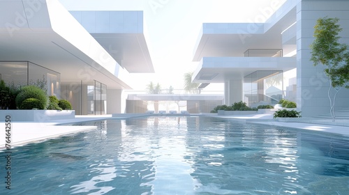 Futuristic architecture of a white minimalist villa with expansive pool and tranquil ambiance