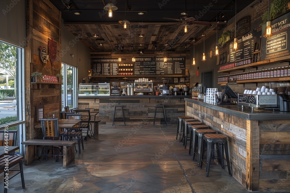 Chic cafe ambiance textured concrete floors, reclaimed wood accents, cozy seating, fostering a relaxed welcome