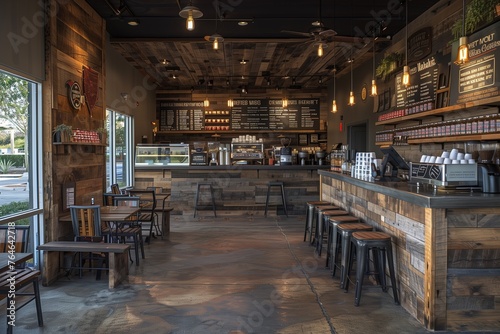 Chic cafe ambiance textured concrete floors, reclaimed wood accents, cozy seating, fostering a relaxed welcome