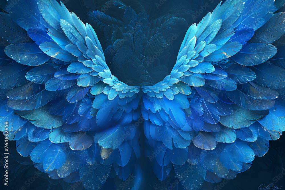 Blue angel wings made with fractal design - obrazy, fototapety, plakaty 