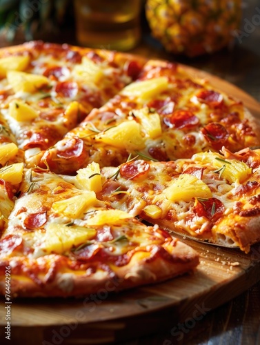 Slice of pizza with pineapple and pepperoni on it. Pizza is cut in half and placed on wooden cutting board