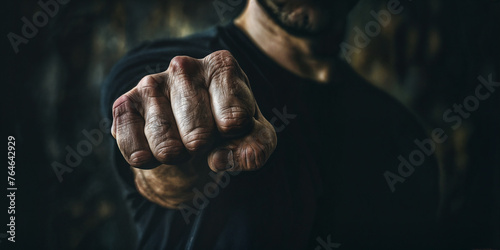 Aggressive man punching with fist, ark blurred background