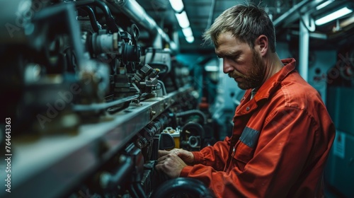 Focused technician fine-tuning machinery in industrial engine room © Georgii