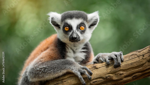 Portrait of cute lemur on wooden branch. Green blurred backdrop. © hardvicore