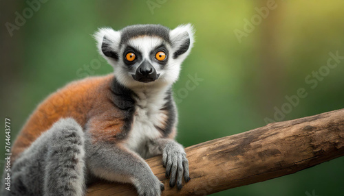 Portrait of cute lemur on wooden branch. Green blurred backdrop.