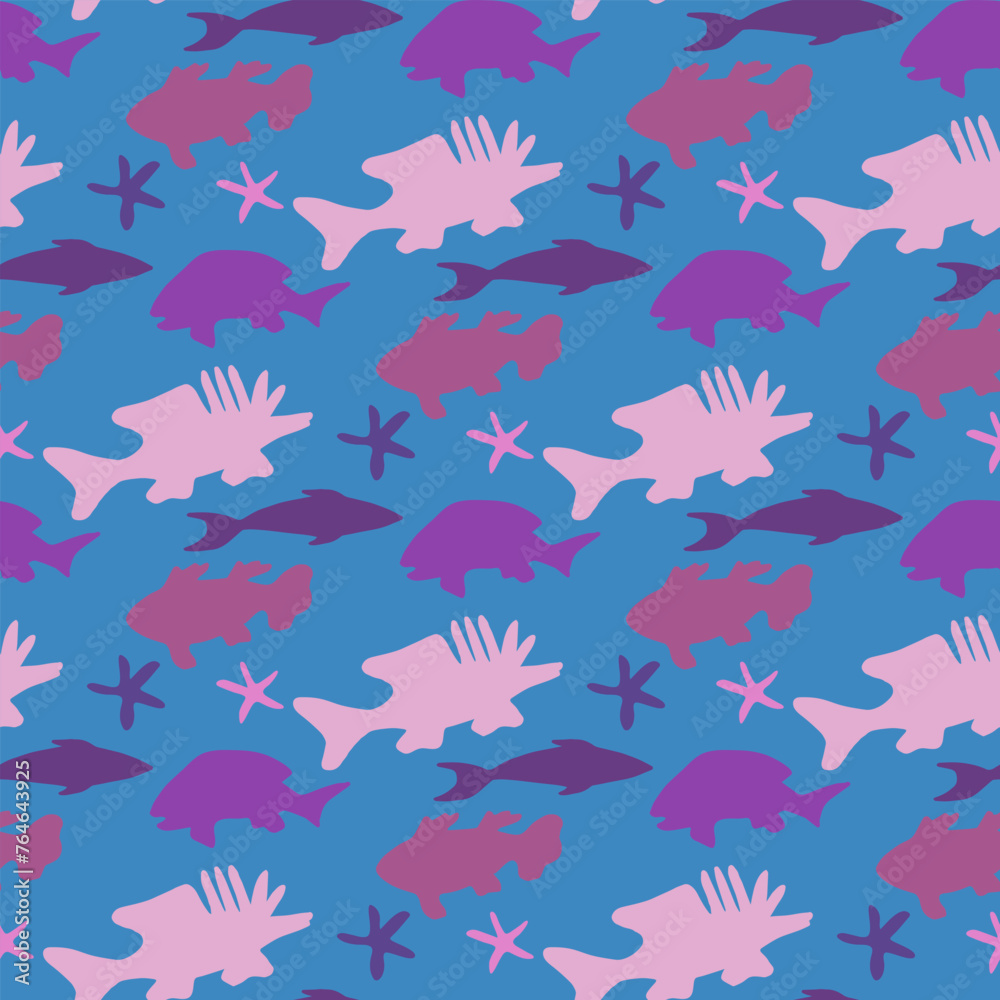 Seamless pattern in cute silhouettes of fish and starfish on blue background. Vector image.