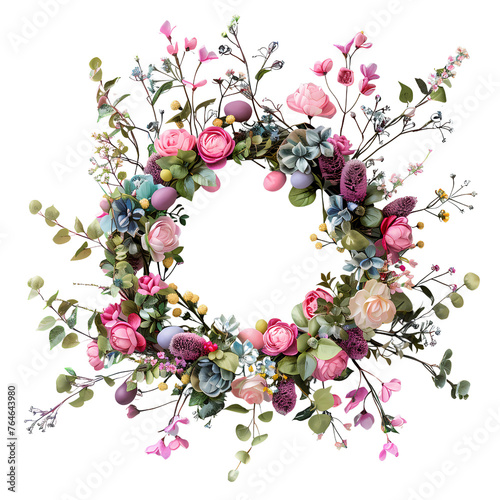 Summer floral wreath in pinks and peaches and sprays of green foliage isolated background png. 