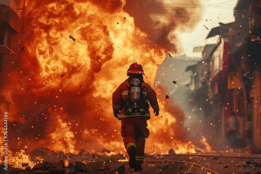 Brave firefighter advancing through a massive explosion. Generative AI image