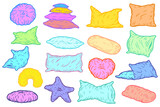 Set pillows different form in hand draw sketch style. Collection vivid color design elements. Vector illustration.