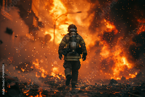 Brave firefighter advancing through intense flames. Generative AI image photo