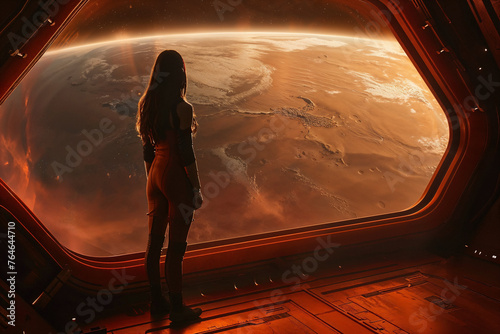 Woman gazing at mars from spacecraft window. Generative AI photo