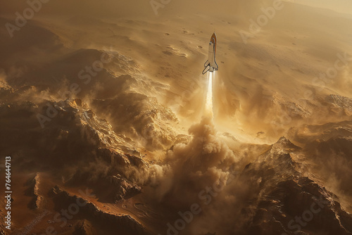 Mars rocket launch amidst dusty terrain. Generative AI photo