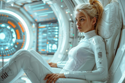 Blonde astronaut seated in spacecraft. Generative AI photo