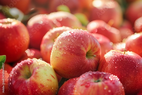 Fresh Dew-Covered Apples Glistening in the Morning Sunlight at an Orchard