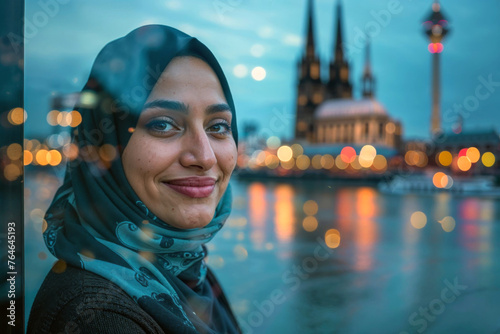 Smiling Muslim woman with city lights at twilight. Generative AI image photo