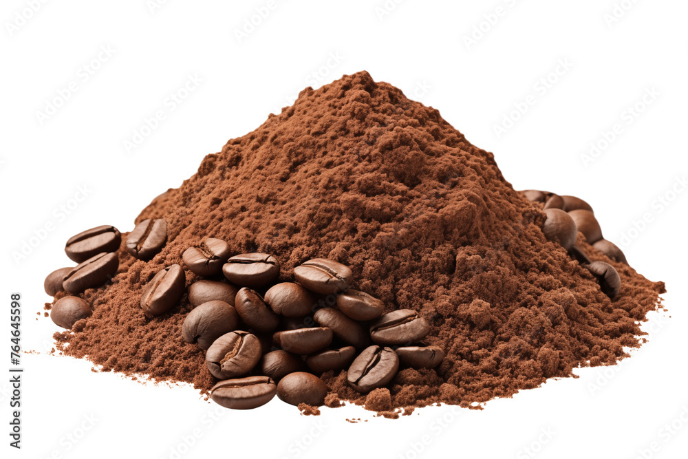 A pile of ground coffee and coffee beans isolated on a transparent background.