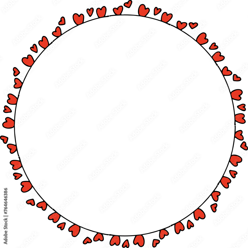 Fototapeta premium Round frame with festive red hearts on white background. Vector image.