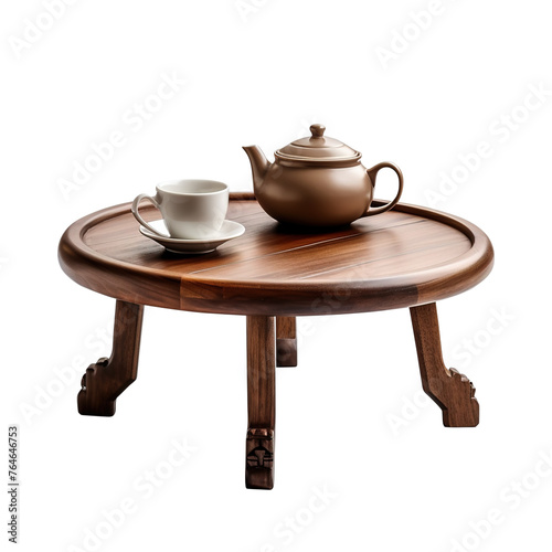 cup of coffee and teapot on wooden table isolated on transparent background, clipping path, png, 