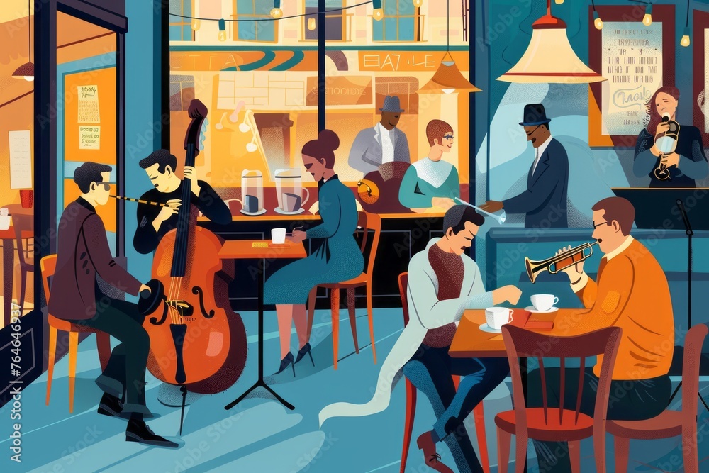 An animated cafe with a lively jazz band playing smooth tunes, adding to the ambiance of chatter and clinking coffee cups, Generative AI