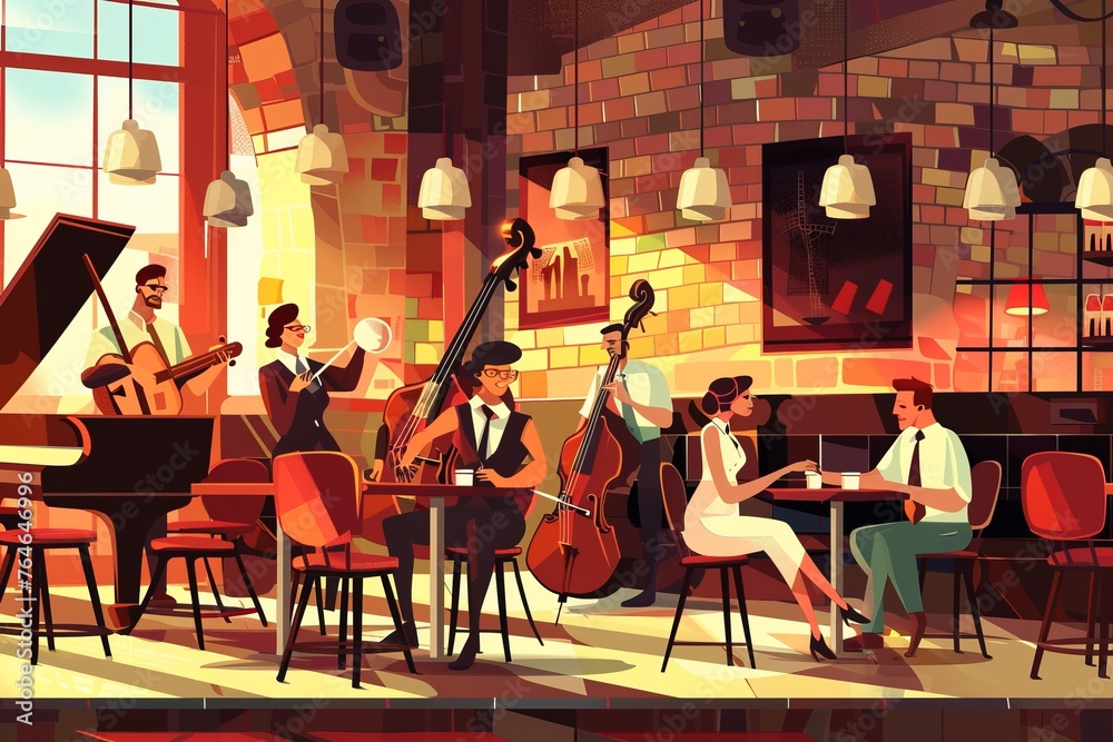 Fototapeta premium An animated cafe with a lively jazz band playing smooth tunes, adding to the ambiance of chatter and clinking coffee cups, Generative AI