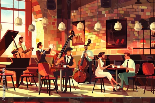 An animated cafe with a lively jazz band playing smooth tunes, adding to the ambiance of chatter and clinking coffee cups, Generative AI