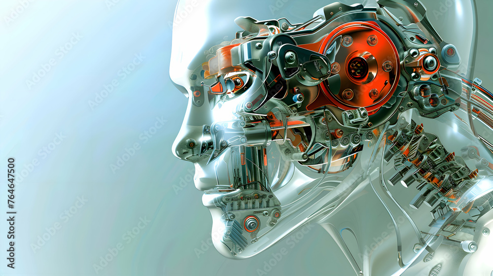 Fototapeta premium Humanoid Robot AI Portrait for Technology Presentations and Promotions. Space for Copy. Light background.