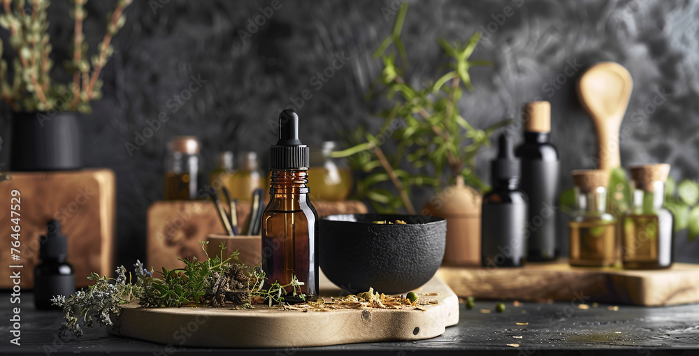 Bottle of herbal essential oil with flowers, herbs on table, abstract natural background. eco friendly care organic product. beauty treatment, Spa concept. Cosmetic products advertising backdrop.Ai
