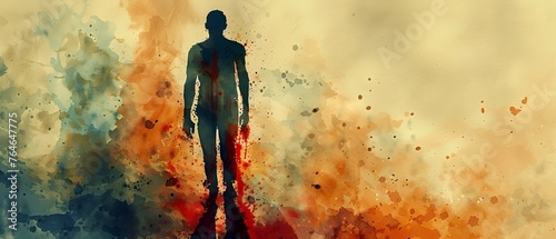 Silhouetted Figure Awash in Watercolor Hues,Suggests Themes of Conflict and the Human Capacity for Emotional Response