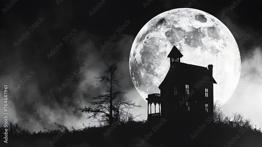 Haunting Silhouette of a Spooky Mansion under the Illuminating Glow of a Full Moon Haunting Silhouette of a Spooky Mansion under the Illuminating Glow of a Full Moon