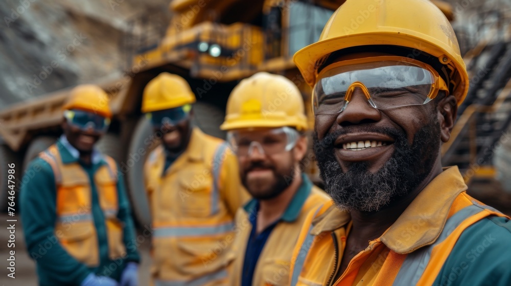 Team of cheerful construction workers in neon safety vests at a site Team of cheerful construction workers in neon safety vests at a site