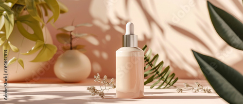 Beige natural pastel cosmetic mockup. Banner with cream jar, container, serum bottle, dry flowers and leaf. Shadows effect. Skin Care beauty concept. Showcase for product presentation. Generative ai