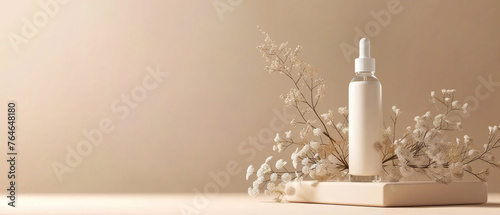 Beige natural pastel cosmetic mockup. Banner with cream jar, container, serum bottle, dry flowers and leaf. Shadows effect. Skin Care beauty concept. Showcase for product presentation. Generative ai