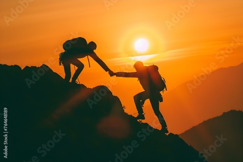 Ascending Together: Two Climbers Helping Each Other Reach the Summit. Concept Achieving Goals, Teamwork, Outdoor Adventure, Friendship, Mountain Climbing