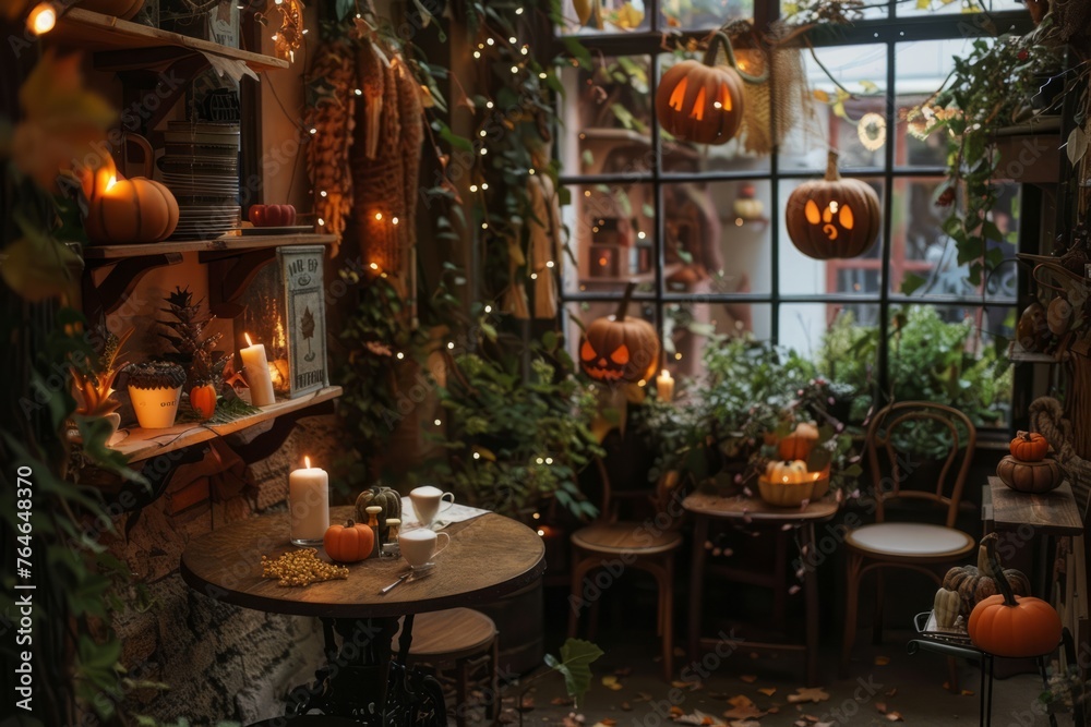 An autumn-themed cafe with pumpkin spice lattes, cinnamon-scented candles, and pumpkin decorations adorning every corner, Generative AI
