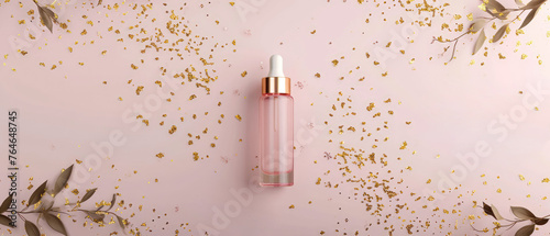Beige pastel cosmetic mockup. Layout, Flat lay.  Banner with cream jar, container, serum bottle, leaf, flowers and decoration.Skin Care beauty concept. Showcase for product presentation.Generative ai