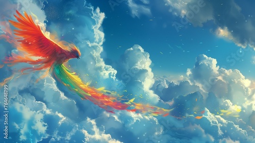 In a mystical realm beyond the clouds, a fictional cartoon animal soars through the sky on gossamer wings, its colorful plumage trailing behind like a rainbow in flight. 

 photo