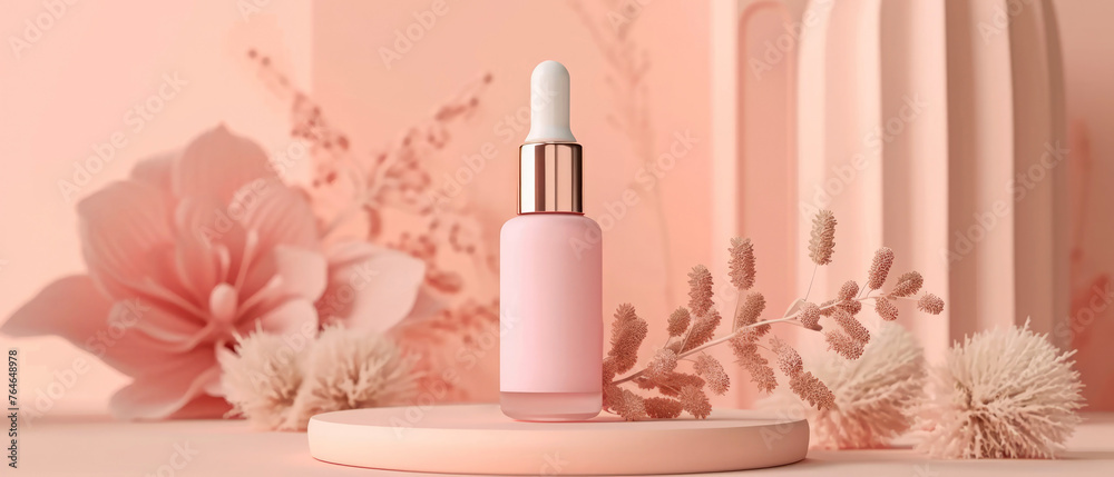 Pink pastel cosmetic mockup. Banner with cream jar, container, serum bottle, flowers and leaf. Skin Care beauty concept. Showcase for product presentation. Ads background. Generative ai Pink pastel cosmetic mockup. Banner with cream jar, container, serum bottle, flowers and leaf. Skin Care beauty concept. Showcase for product presentation. Ads background. Generative ai