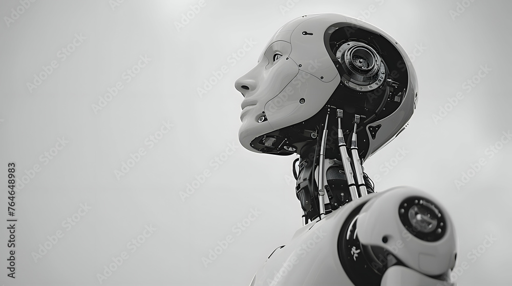 Humanoid Robot AI Portrait for Technology Presentations and Promotions. Space for Copy. Light background. Humanoid Robot AI Portrait for Technology Presentations and Promotions. Space for Copy. Light background.