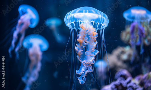 Jellyfish float in tank with dark background ,Generative AI 