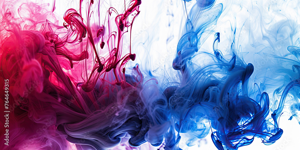 Blue and red ink swirling and mixing together in water, creating abstract patterns and wild splashes.