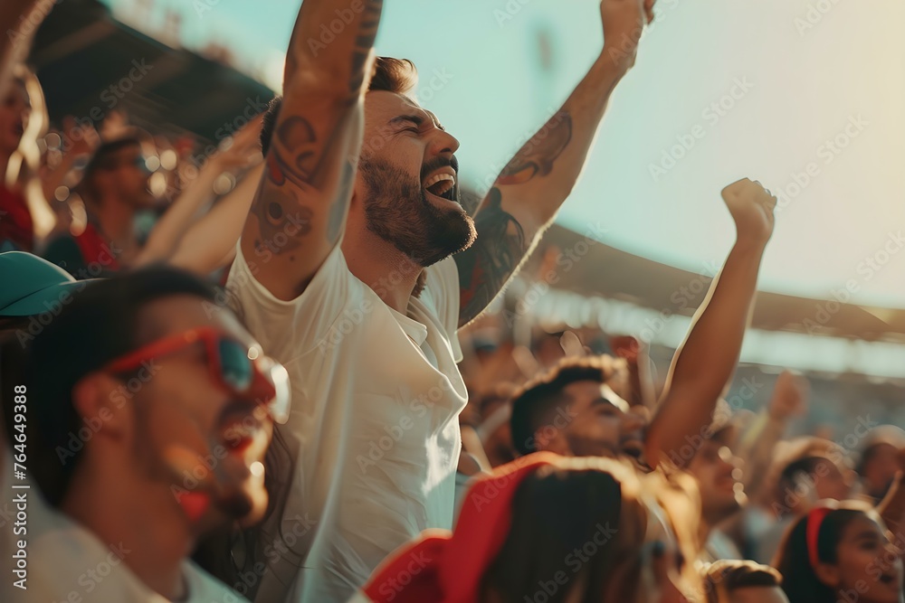 Excited sports fans cheering together in a stadium during a match. Concept Sports Fans, Cheering, Stadium, Match, Excitement Excited sports fans cheering together in a stadium during a match. Concept Sports Fans, Cheering, Stadium, Match, Excitement